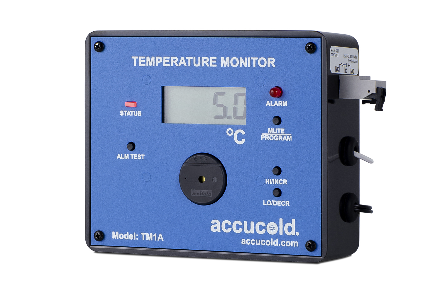 Remote alarm contacts for aftermarket use on most refrigeration equipment with a display of the current and high/low temperature and audible/visual temperature alarm